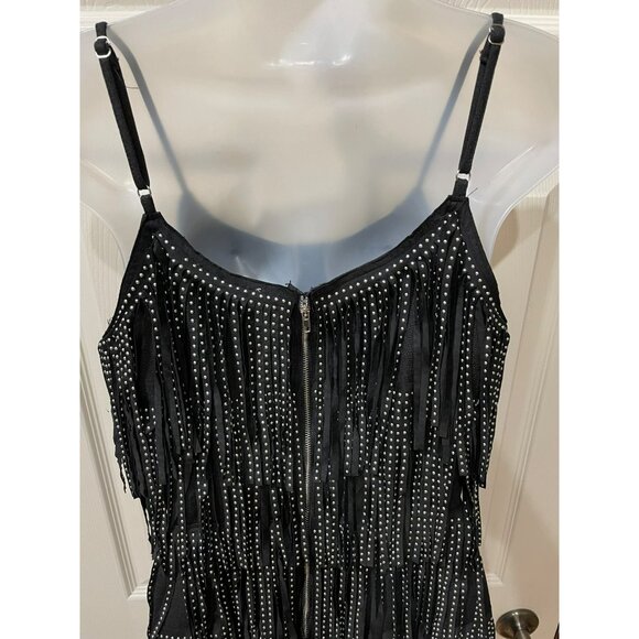 Black Studded Fringe Mini Dress With Adjustable Spaghetti Straps & Back Zipper C - Picture 6 of 8